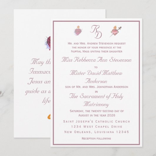 Pale PinkTwo Hearts Catholic Wedding Invitation 招待状 (正面/裏面)