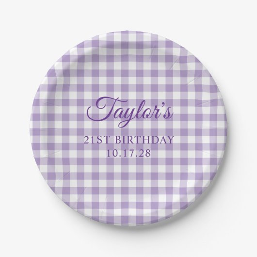 Pale Purple Gingham Plaid 21st Birthday ペーパープレート (正面)