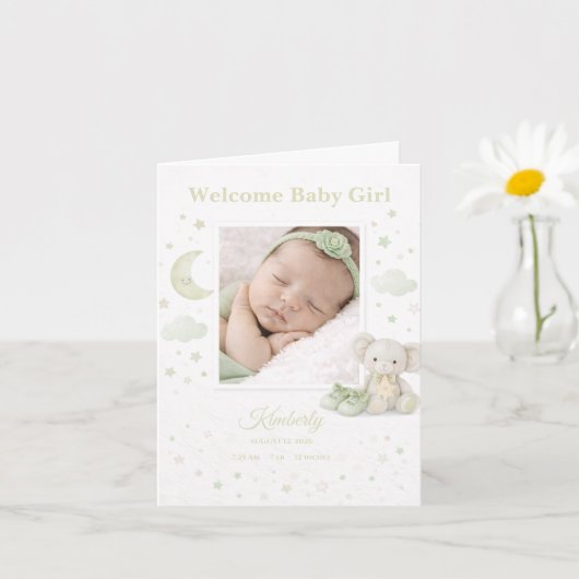 Pale Sage Baby Girl Birth Announcement Photo Card カード (小さな植物)