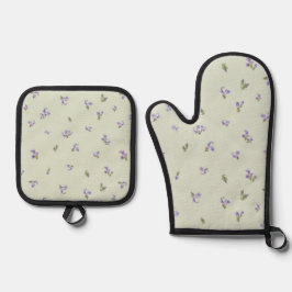 Pale Sage Japanese Rosemary Floral Pattern 鍋つかみ&鍋敷きセット