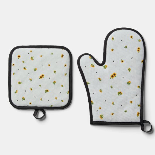Pale Sky Japanese Sunflower Floral Pattern 鍋つかみ&鍋敷きセット (正面)