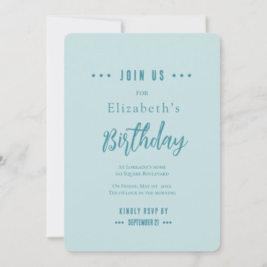 Pale Teal Rose Birthday Party Invitation 招待状 (裏面)