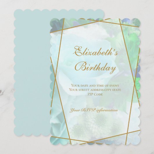 Pale Teal Rose Garden Birthday Invitation Card サンキューカード (正面/裏面)
