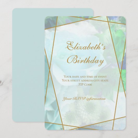 Pale Teal Rose Garden Birthday Invitation Card サンキューカード (正面/裏面)