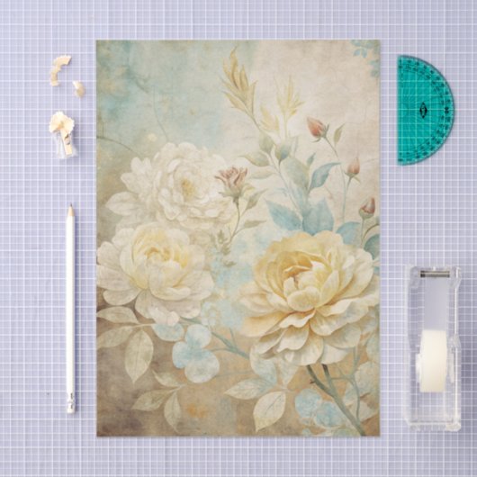 Pale Yellow and White Peony Floral Pattern 薄葉紙 (クラフト)