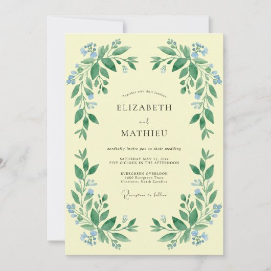 Pale Yellow Botanical Garland Wedding 招待状 (正面)