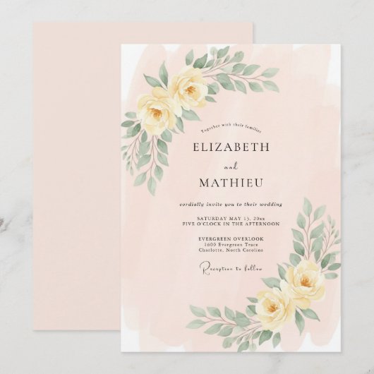 Pale Yellow Dainty Spring Wedding 招待状 (正面/裏面)
