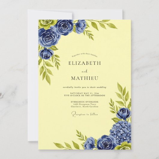 Pale Yellow Elegant Botanical Summer Wedding 招待状 (正面)