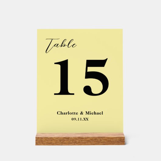 Pale Yellow Minimalist Wedding Table Number アクリルサイン (正面)