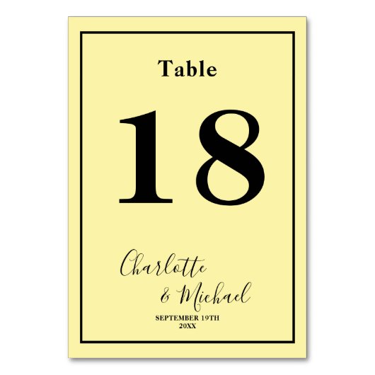 Pale Yellow Script Minimalist Wedding テーブルナンバー (正面)