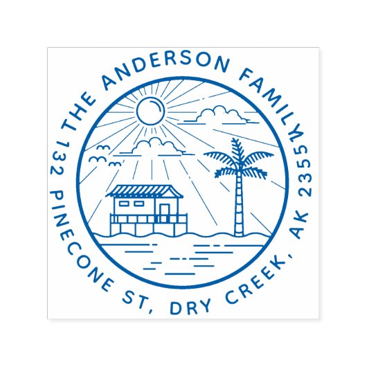 Palm モダン Tree & Sun Round Family Name Address セルフインキングスタンプ (デザイン)