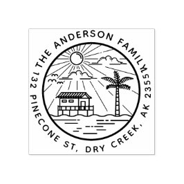 Palm モダン Tree & Sun Round Family Name Address ラバースタンプ