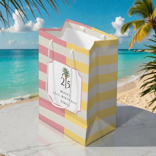 Palm Beach Pastel Stripe Tropical Birthday ミディアムペーパーバッグ