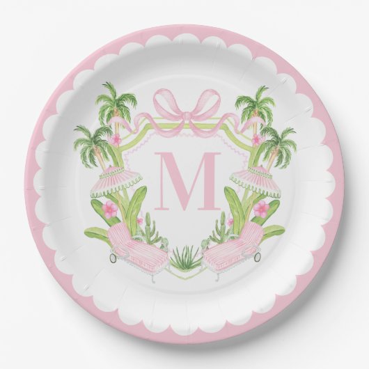 Palm Beach Pink Loungers Monogram Crest ペーパープレート (正面)