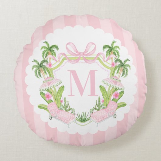 Palm Beach Pink Loungers Monogram Crest ラウンドクッション (正面)