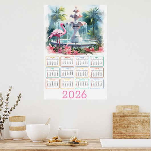 Palm Garden Serenity: 2026 Flamingo Calendar ポスター (キッチン)
