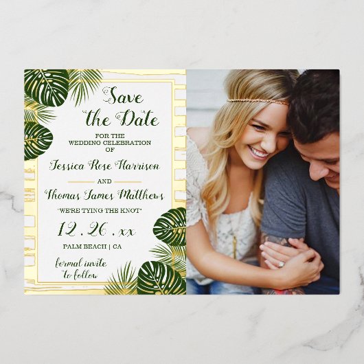 Palm Leafビーチ結婚式写真Save the Date Card 箔招待状 (正面)