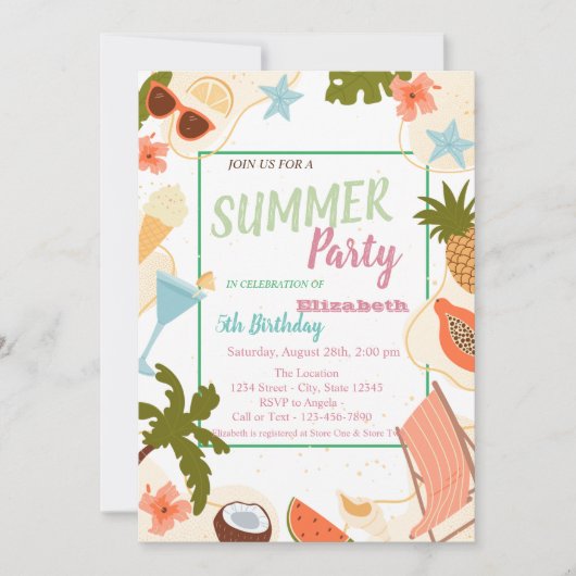 Palm Leaf, Flowers,Fruits Summer Birthday 招待状 (正面)