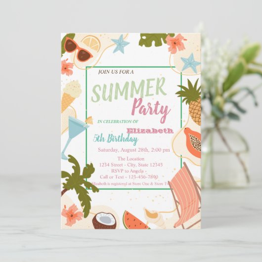 Palm Leaf, Flowers,Fruits Summer Birthday   招待状 (スタンド正面)