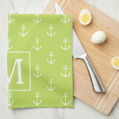 Palm Leaf Green and White Anchors Monogram キッチンタオル (四つ折り)
