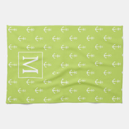 Palm Leaf Green and White Anchors Monogram キッチンタオル