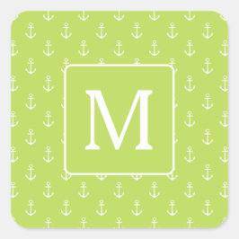 Palm Leaf Green and White Anchors Monogram スクエアシール