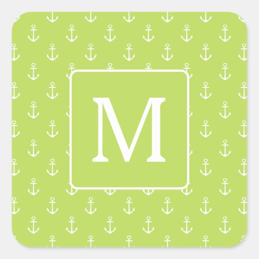 Palm Leaf Green and White Anchors Monogram スクエアシール (正面)