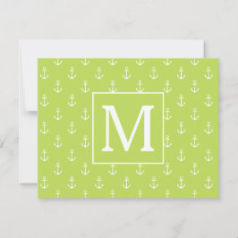 Palm Leaf Green and White Anchors Monogram ノートカード