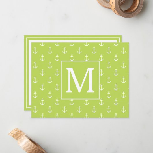 Palm Leaf Green and White Anchors Monogram ノートカード (正面/裏面インサイチュ)