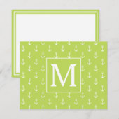 Palm Leaf Green and White Anchors Monogram ノートカード (正面/裏面)