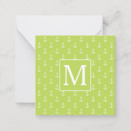 Palm Leaf Green and White Anchors Monogram ノートカード