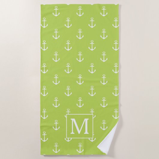 Palm Leaf Green and White Anchors Monogram ビーチタオル (正面)