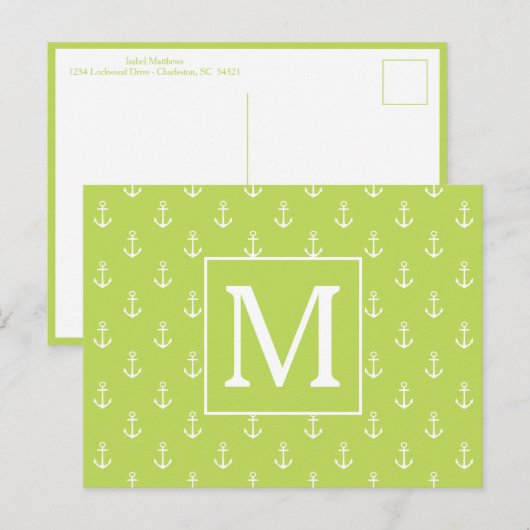 Palm Leaf Green and White Anchors Monogram ポストカード (正面/裏面)