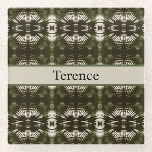 Palm Leaf Shadow Army Green、カスタマイズ可能 ガラスコースター (正面)