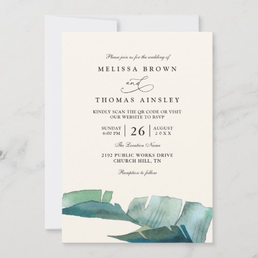 Palm Leave Green Elegant Modern QR Code Wedding 招待状 (正面)