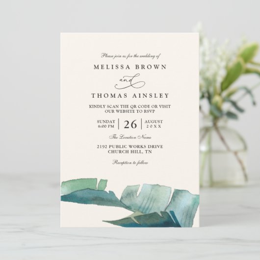 Palm Leave Green Elegant Modern QR Code Wedding 招待状 (スタンド正面)