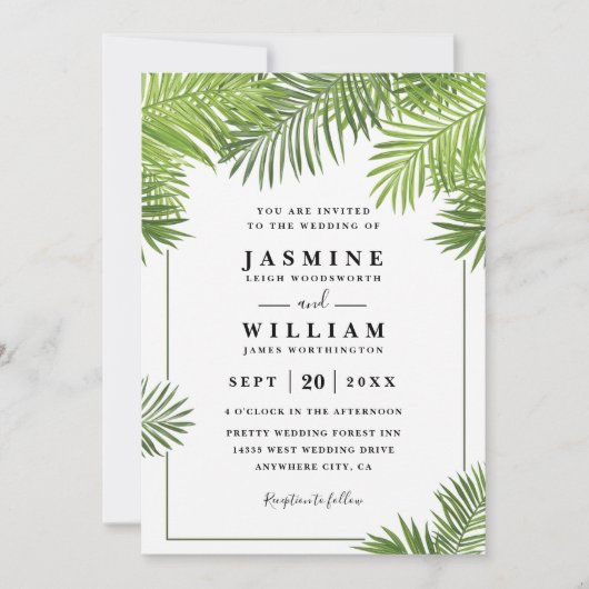 Palm Leaves Tropical Elegant Chic QR Code Wedding 招待状 (正面)