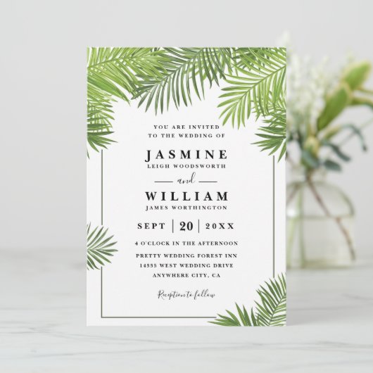 Palm Leaves Tropical Elegant Chic QR Code Wedding 招待状 (スタンド正面)