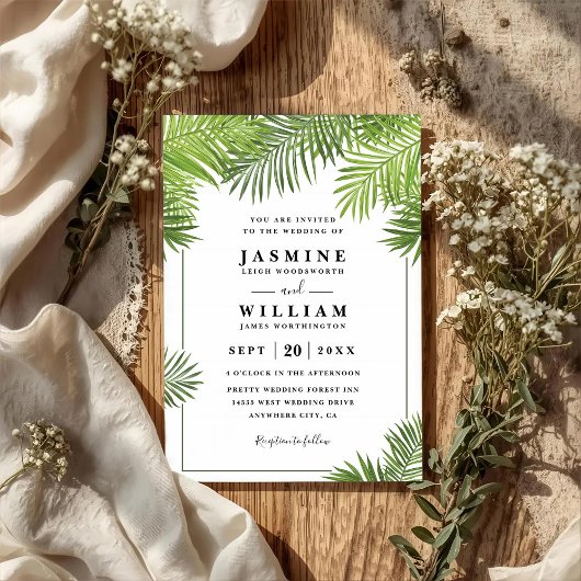 Palm Leaves Tropical Elegant Chic QR Code Wedding 招待状
