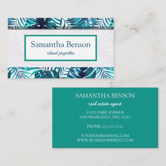 Palm Leaves Tropical Island Green & White Square B 名刺 (正面/裏面)