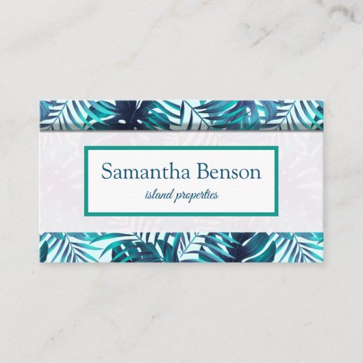 Palm Leaves Tropical Island Green & White Square B 名刺 (正面)