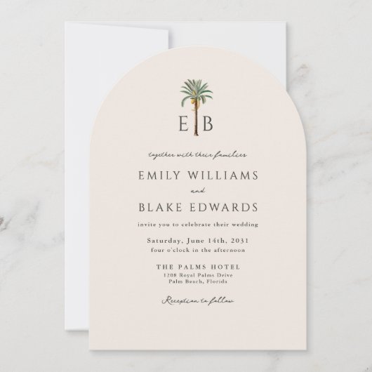 Palm Logo Elegant Arch Tropical Monogram Wedding 招待状 (正面)