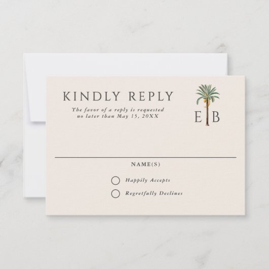 Palm Logo Elegant Tropical Monogram Wedding 出欠カード (正面)