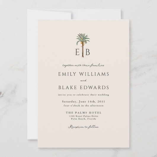 Palm Logo Elegant Tropical Monogram Wedding 招待状 (正面)
