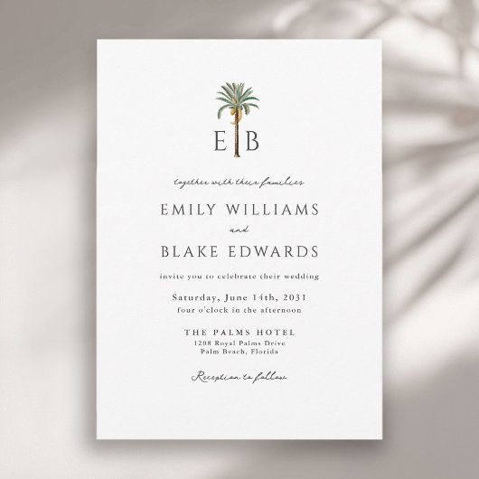 Palm Logo Elegant Tropical Monogram Wedding 招待状