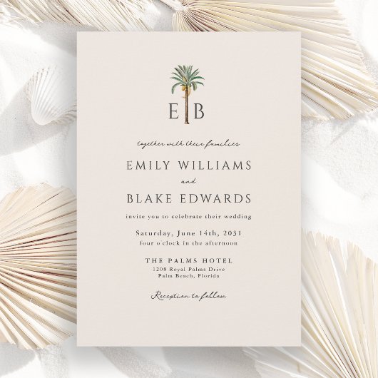 Palm Logo Elegant Tropical Monogram Wedding 招待状