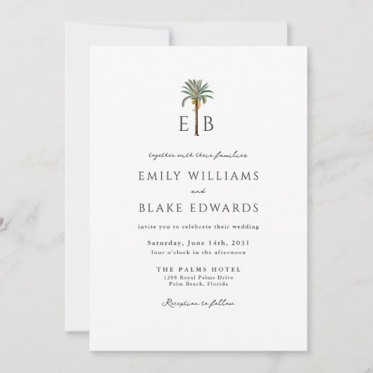 Palm Logo Elegant Tropical Monogram Wedding 招待状 (正面)