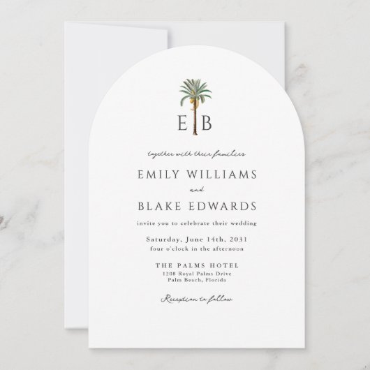 Palm Monogram Elegant Arch Tropical Wedding QRCode 招待状 (正面)