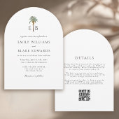 Palm Monogram Elegant Arch Tropical Wedding QRCode 招待状