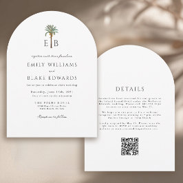 Palm Monogram Elegant Arch Tropical Wedding QRCode 招待状